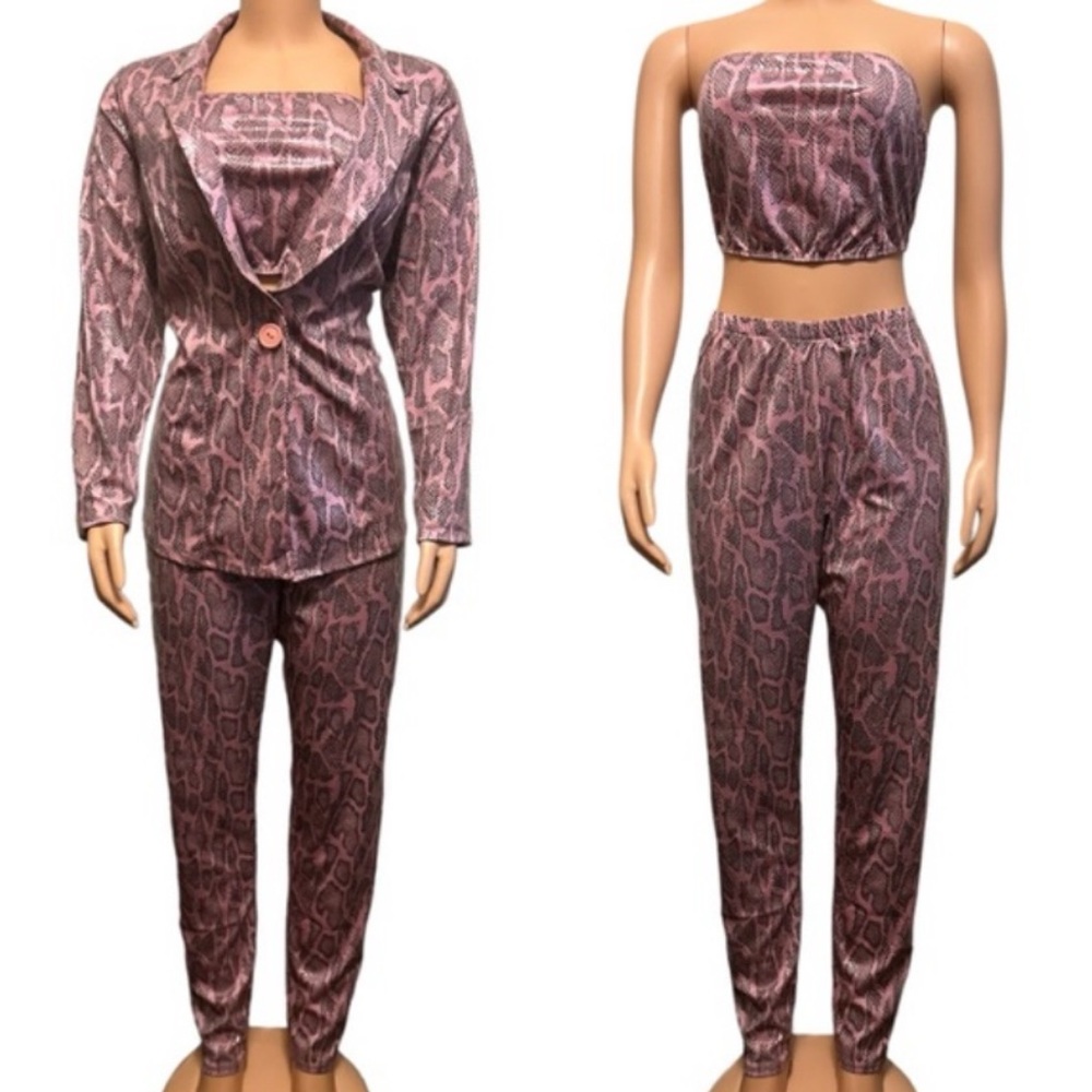 Fashion Nova La Diva 3 piece Pant Set Stretch Latex Pink Snake Print Size 1X